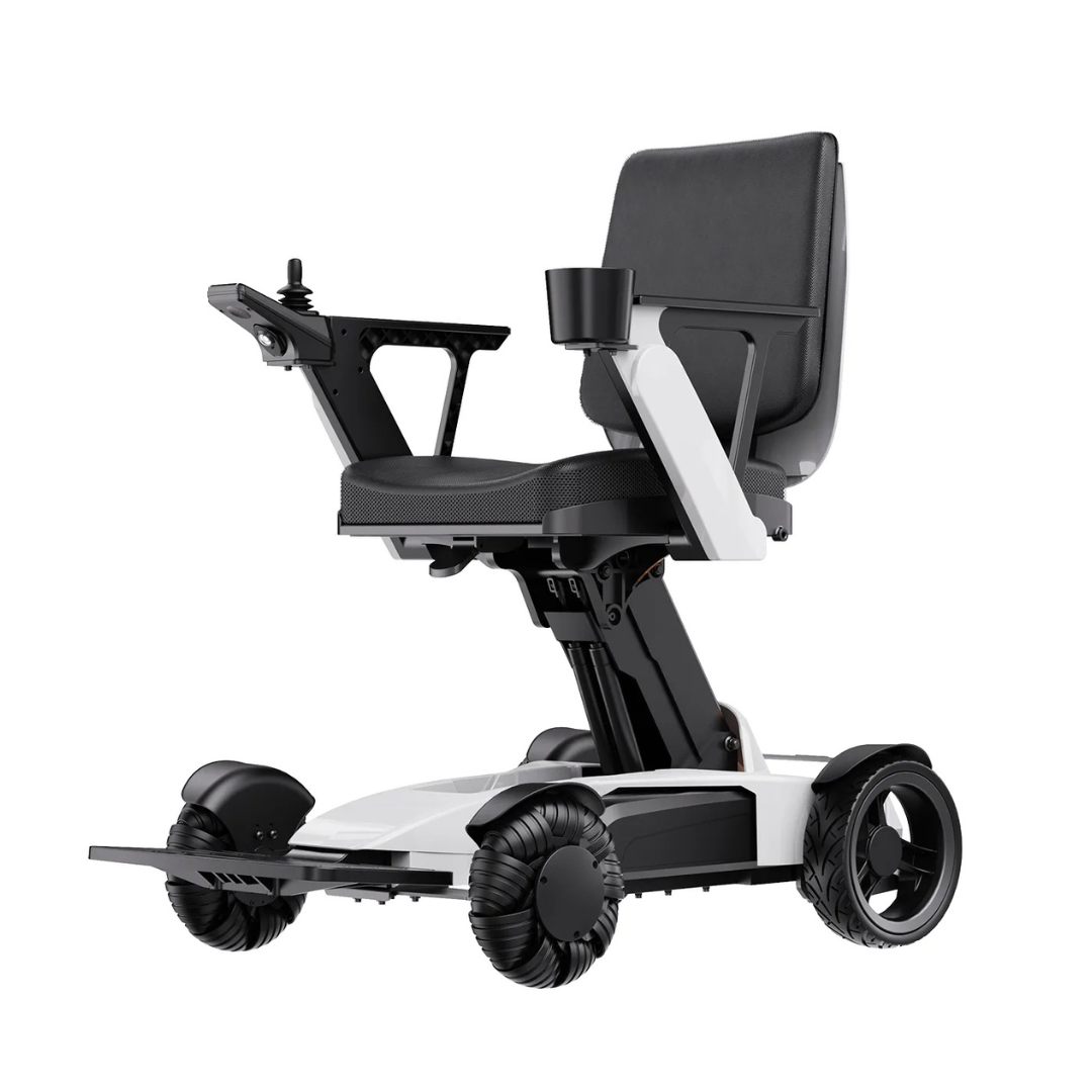 The Easwe™ L10 Luxury Electric Wheelchair with Automatic Adjustable Seat Height is a modern black and white foldable wheelchair, featuring joystick control, armrests, cup holder, large rear wheels, and a sturdy seat—shown on a plain white background.